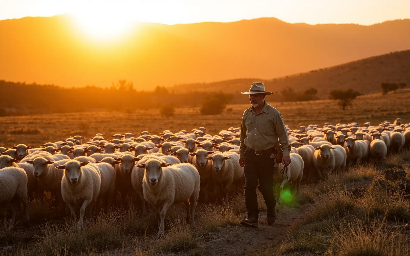 Pastor caminando con su rebaño al atardecer en el campo español