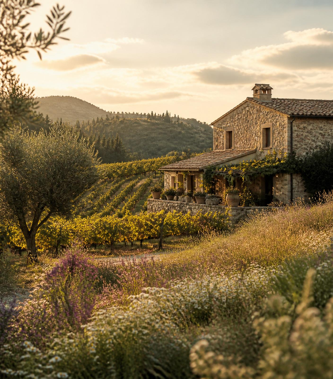 Casa rural de piedra entre viñedos y olivos al atardecer