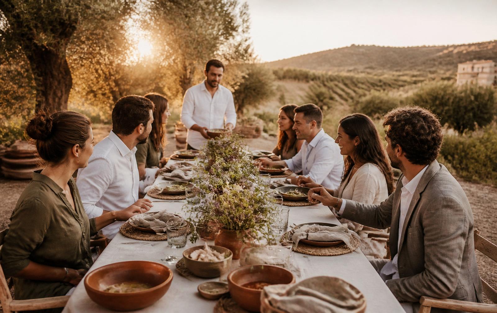 Equipo corporativo en cena rural elegante al atardecer en finca con olivos